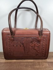 Vintage Tooled Aztec Themed Leather Brown Purse Handbag Tote Rectangle Unique