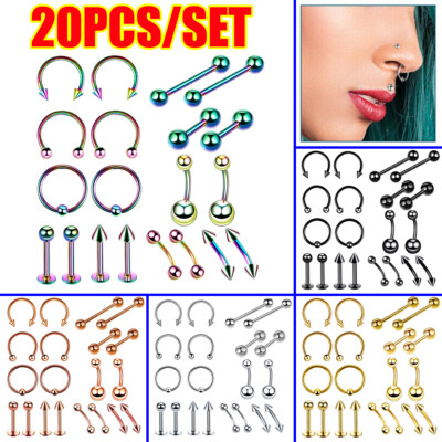 20Pcs Piercing Kit 14G 16G Nose Septum Belly Tongue Eyebrow Lip Ring  Earrings