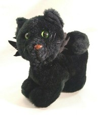 Vintage Stuffed Black Cat with Green Eyes Standing Kitten Plush Halloween Toy