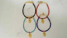 Gold Hamsa Hand Fatima Bead Bracelet & Evil Eye Greek Mati Turkish Nazar Protect