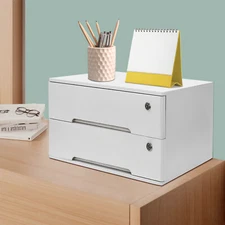 2-Shelf White Wooden Desktop Storage Box With Lockable Drawers For File Supplies