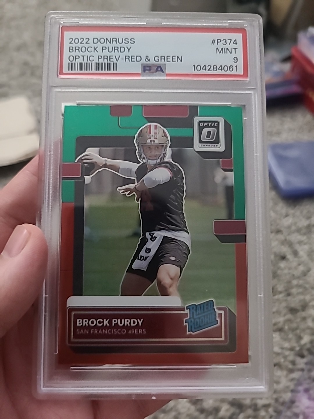 2022 Panini Donruss Optic Preview Brock Purdy Rated Rookie Red & Green PSA 9 RC