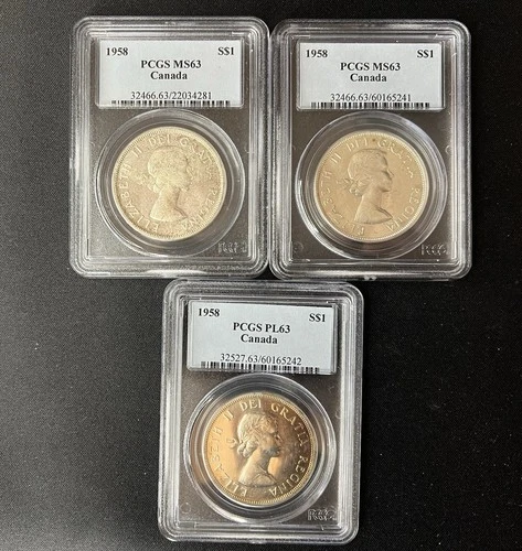 Lot of 3 1958 Canada Silver Dollars British Columbia Totem Pole PCGS MS63 & PL63