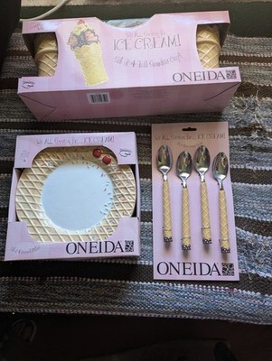 Oneida We All Scream For Ice Cream  4 Dessert Plates, Cups, Spoons, NEW IN BOX!