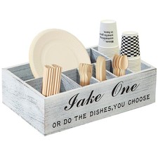 Paper Plate Caddy Organizer, 6-Compartment Wooden Utensil Holder
