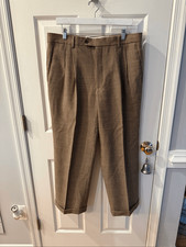 Paul Fredrick Brown  Tan Checked Cuffed Wool Straight Leg Pants sz 36/28 NWOT
