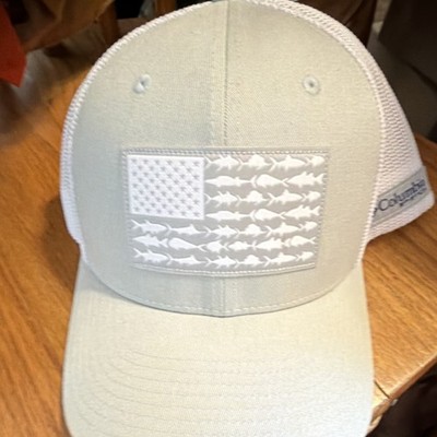 Columbia PFG Trucker Hat Beige White Mesh Adjustable American Flag Fish Design