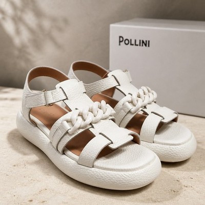 Pollini Women s White Soft Leather Comfort Flat Summer Sandals 38 EU