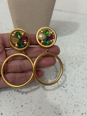 VINTAGE GIVENCHY, GOLD EARRINGS, GREEN PINK BLUE PEARL BOLD ROUND SIGNED 3  41G