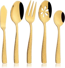 JASHII 5-Piece Gold Hammered Flatware Hostess Set Stainless Steel Serving Fork S