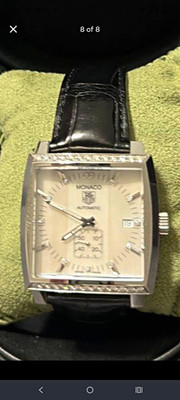 TAG Heuer Monaco Automatic Silver Dial Diamond Bezel Square Black Leather Strap 