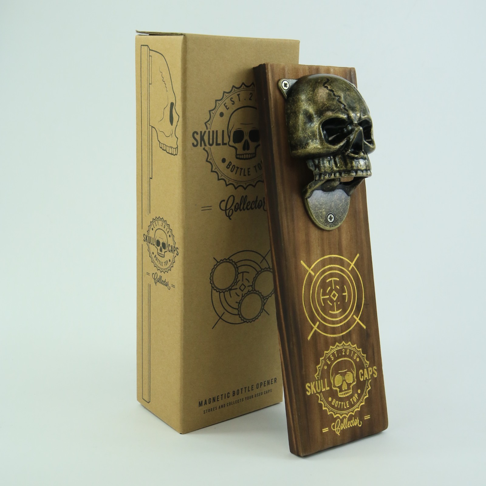 Skull Caps Magnetic Wall Mounted Bottle Opener/Collector Wood Cast Metal