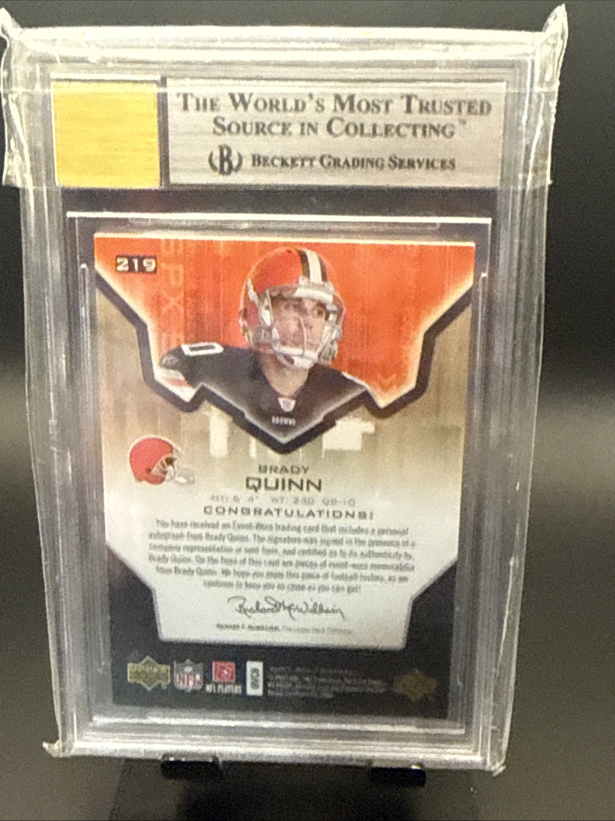 2007 SPX BGS 9 - Brady Quinn #219 - Auto Rookie Jersey Gold #’d/99 RC  view 3