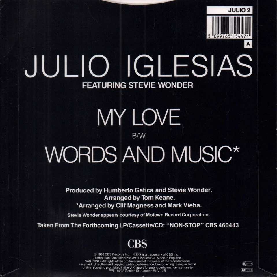 Julio Iglesias Featuring Stevie Wonder My Love 7" vinyl UK Cbs 1988 pic sleeve - Image 2 of 3