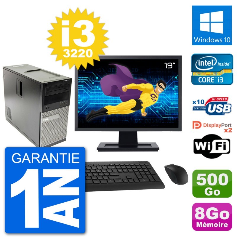 PC Tour Dell 7010 Ecran 19" Intel i3-3220 RAM 8Go Disque 500Go Windows 10 Wifi