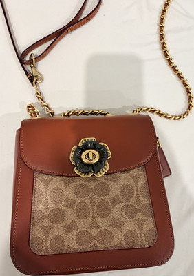 Coach Brown Beige Shoulder Bag Flower Turn Lock Gold Chain Detachable Strap