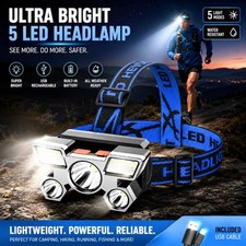 LED Headlamp USB Rechargeable Flashlight Waterproof Head Lamp Torch Camping 5Led