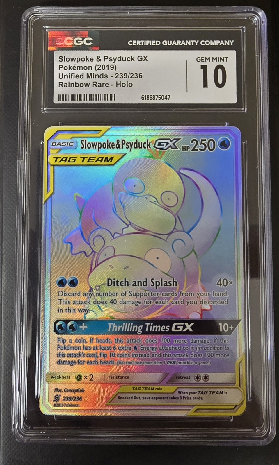 CGC 10 Slowpoke & Psyduck GX 239/236 Unified Minds TAG TEAM Rainbow Holo