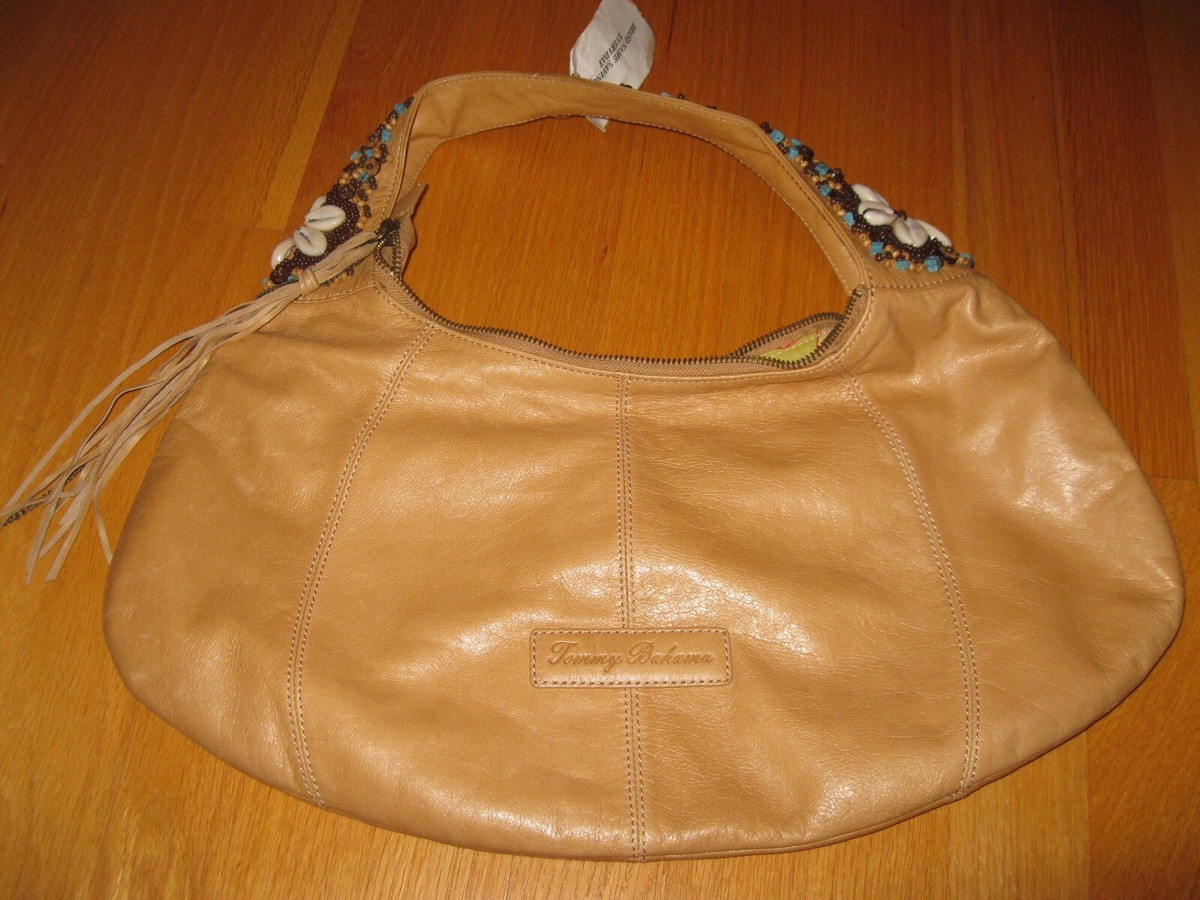 NEW TOMMY BAHAMA Camel Leather Turquoise Beaded Seashell hobo