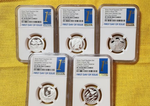 2020 S NGC PF70 ULTRA CAMEO 5 COIN SILVER PROOF QUARTER SET FIRST DAY OF ISSUE