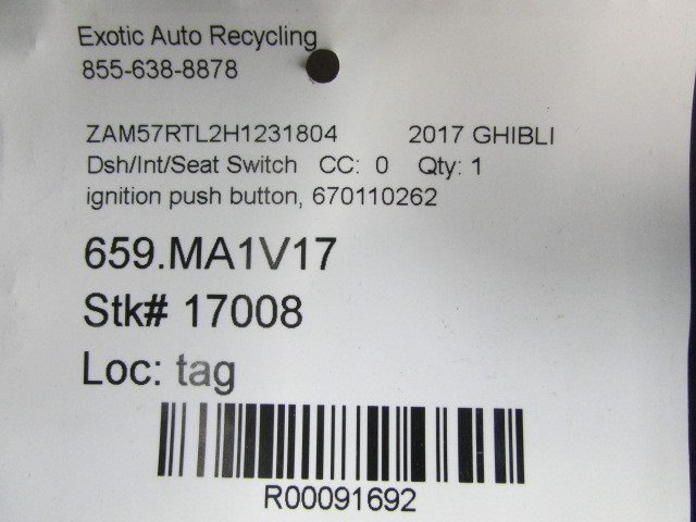 Maserati Ghibli, Ignition On/Off Push Button, Used, P/N 670110262