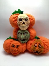 Stuffins 1997 Halloween Pumpkin Jack-O-Lantern Flocked Plush Lot Witch Skeleton