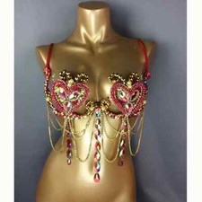 Samba Carnival Costume Top Bra Rainbow Pink RED Stone Belly Dancing WIRE BRA