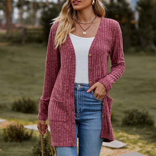 Damen Strickjacke Langarm vorne offen drapiert Pullover Knopfleiste Basic Cardigan - Bild 20 von 32