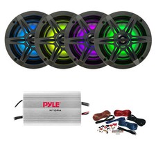 4x Enrock 6.5" 120W Marine LED Speakers, 4x Chrome  Charcoal Grilles, Amp w/Kit