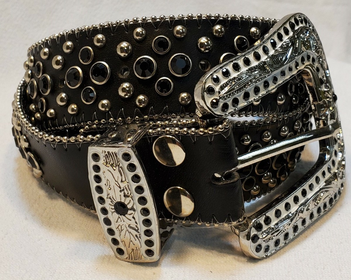 Ladies genuine black leather belt black rhinestones & silver  display picture 3