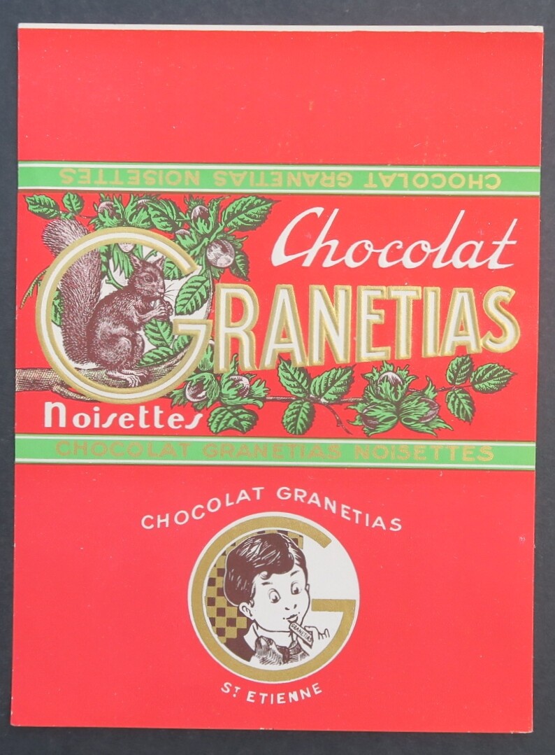 Etiqueta antigua CHOCOLATE GRANETIAS St ETIENNE ardilla etiqueta francesa