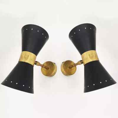 1950's Wall Light Lamp Italian Stilnovo Diablo Matte Black in Raw Brass Finish