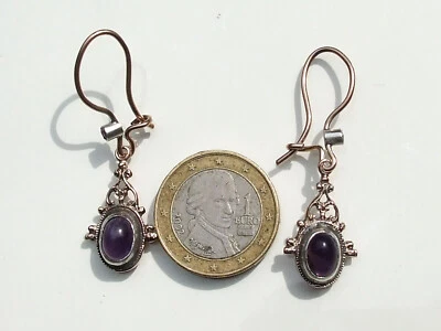 BELLES BOUCLES PENDANTS D'OREILLES ANCIENNES XIXème en OR ROSE 14K et AMETHYSTE - Photo 1/4