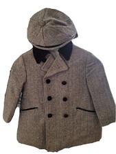 Antique Brown Herringbone Tweed Wool w/Velvet Collar Winter Coat Hat Set Boys