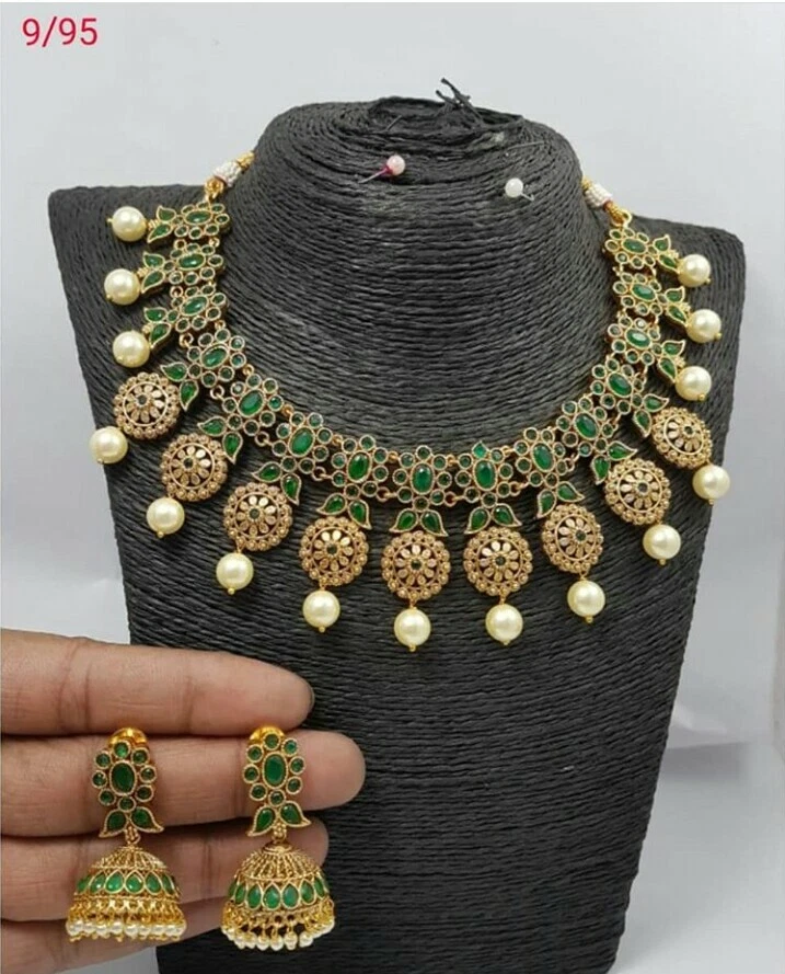 New Indian Antique Jewellery Green Color Necklace and Earring Gold