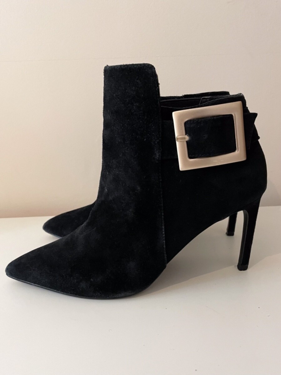 KURT GEIGER BLACK SUEDE GOLD BUCKLE TRIM HEEL ANKLE BOOTS SIZE