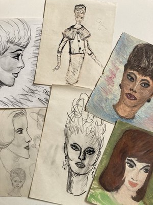 Vintage 60er Jahre Frauenportrait Illustration Zeichnungen + Naive Gemälde auf Papier