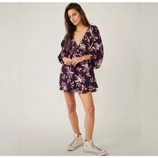 FREE PEOPLE Linen Blend Portia Printed Mini Dress Eggplant Floral