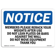 Members Please Rerack Your Weights Rigid Plastic Sign Made in USA Work Site