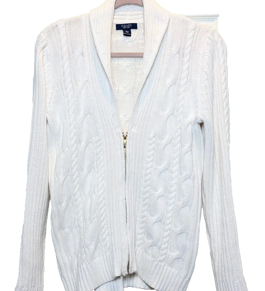 Chaps女式L码电缆针织拉链前开衫毛衣白色100%纯棉 — 第 2/4 张图片