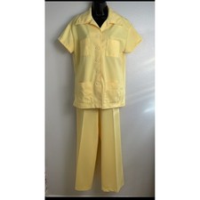 Jack Winter Pant Set Vtg 70s Sunny Yellow Polyester Knit Wide Leg 2 Piece Set