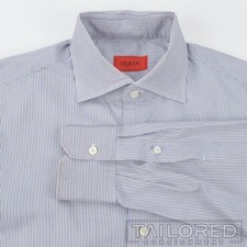 ISAIA Blue Brown White Striped 100 Cotton Mens Luxury Dress Shirt - 15