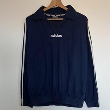 90s Adidas Vintage Trefoil Football Drill Top Sweatshirt Navy Blue White Small S