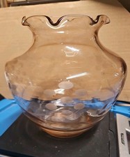 Vintage Pink Depression Glass 7" Etched Floral Ruffled Top Beehive Vase 