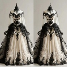 Gothic Black and White Wedding Dresses Long Sleeves Lace Appliques Bridal Gowns