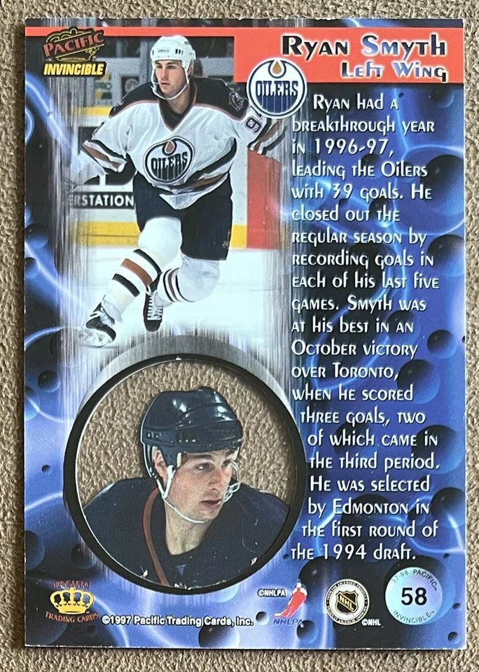 Ryan Smyth 1997-98 Pacific Invincible #58 Edmonton Oilers NHL Hockey Sports Card - Image 2 of 2