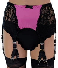 6 Strap 12 Clip Suspender Belt in Black Lace & Pink Satin with Metal Clips