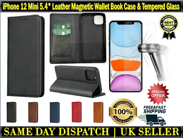 iPhone 12 Mini Leather Wallet Magnetic Flip Case Glass Screen  Protector