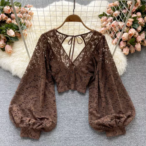 Women Crop Floral Lace Blouse Top Puff Sleeve Hollow Out V-neck Retro Sexy - Picture 3 of 18