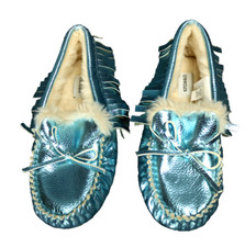 Crewcuts Metallic Blue Fringed Moccasins Faux Leather Fur Lined Slippers Kids 3